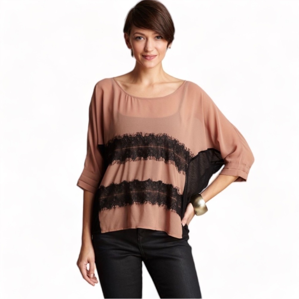 SUGARLIPS LIGHT BROWN DRAPED FLOWY SATIN TOP WITH BLACK LACE PANELS WOMEN SZ.S